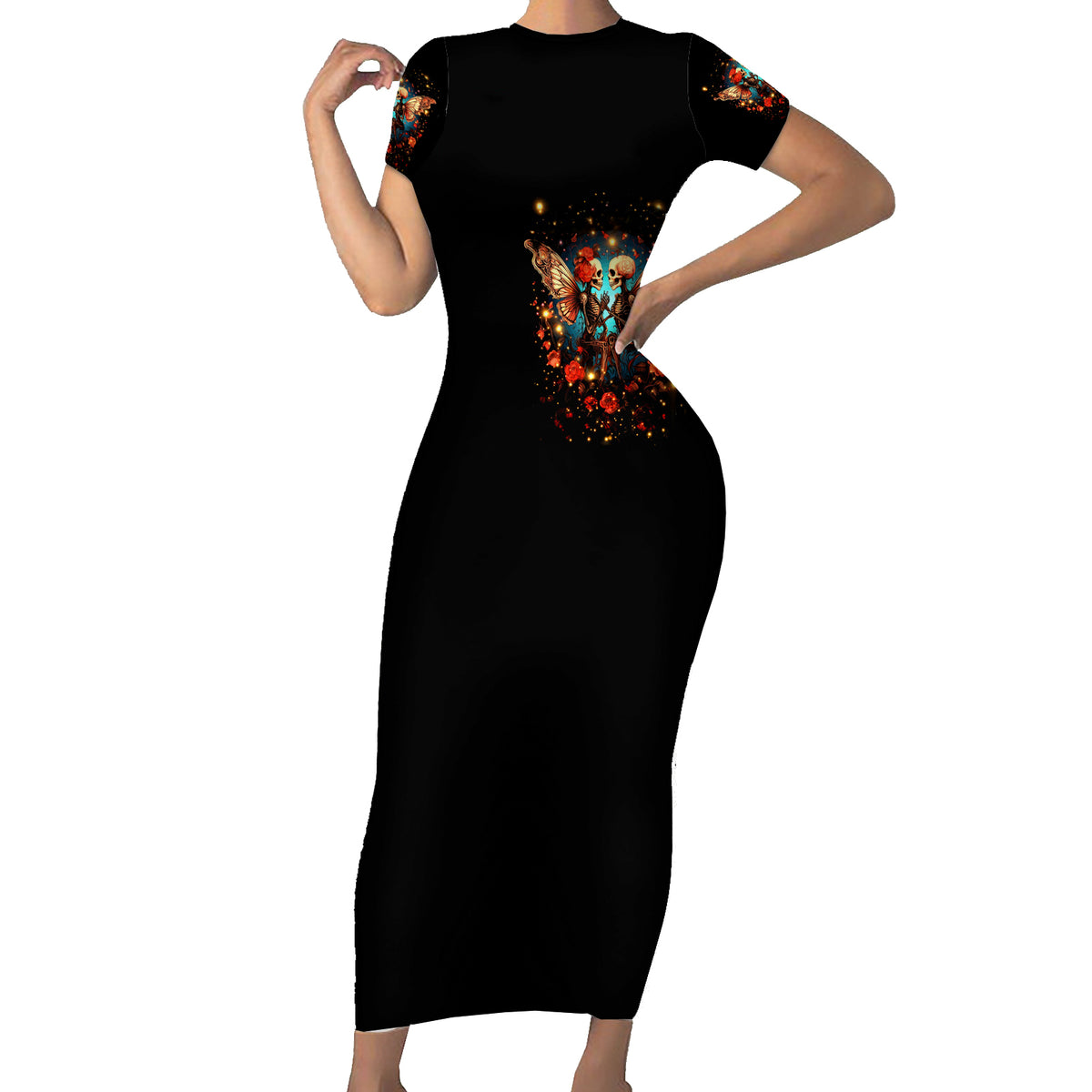 Couple Skull Short Sleeve Bodycon Dress From Our First Kiss Till Our Last Breath - Wonder Print Shop
