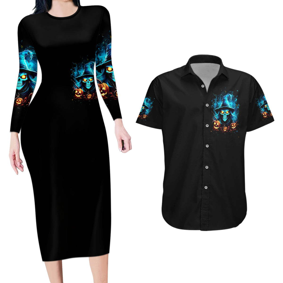 Witch Skull Halloween Couples Matching Long Sleeve Bodycon Dress and Hawaiian Shirt I Didn't Becom A Witch - Wonder Print Shop