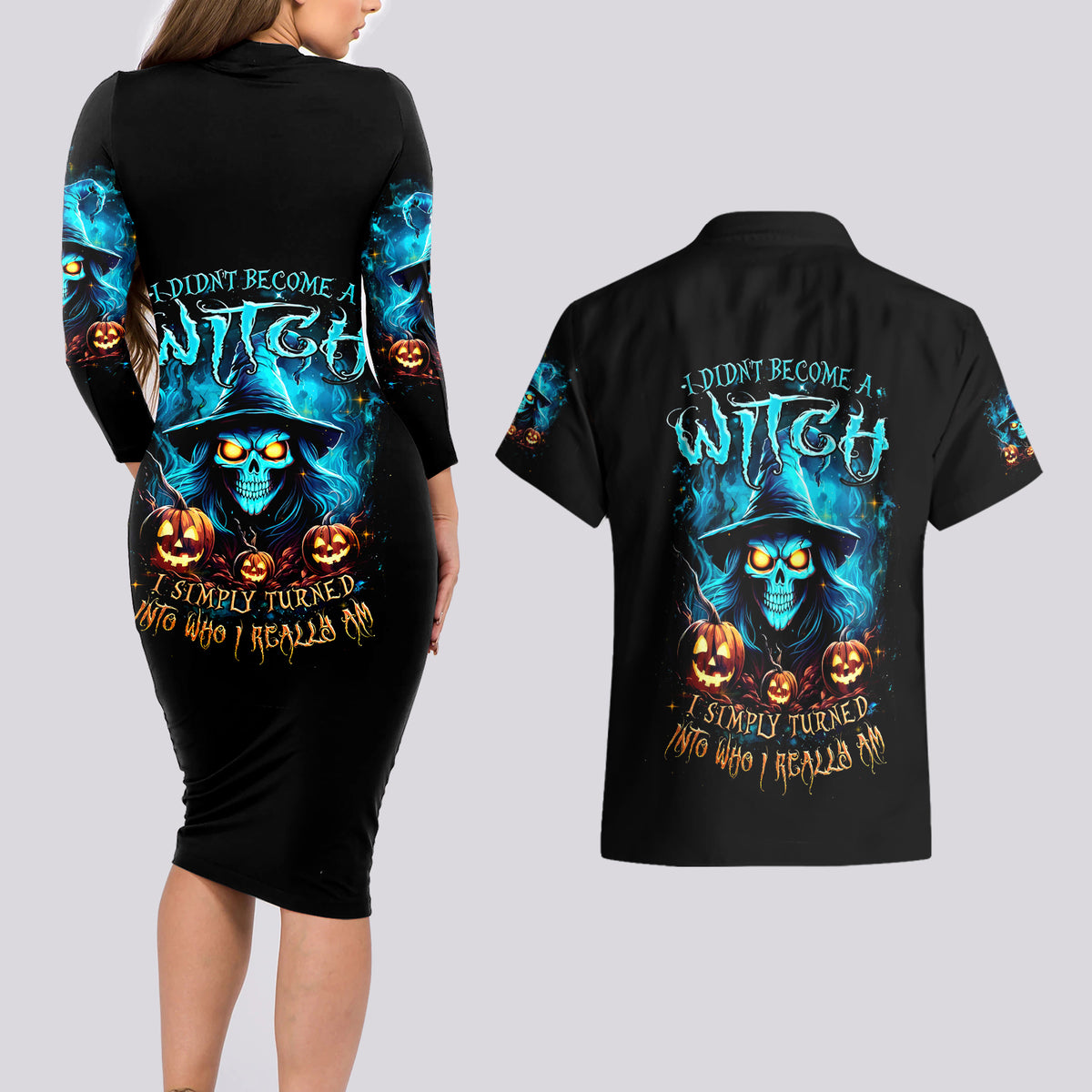 Witch Skull Halloween Couples Matching Long Sleeve Bodycon Dress and Hawaiian Shirt I Didn't Becom A Witch - Wonder Print Shop