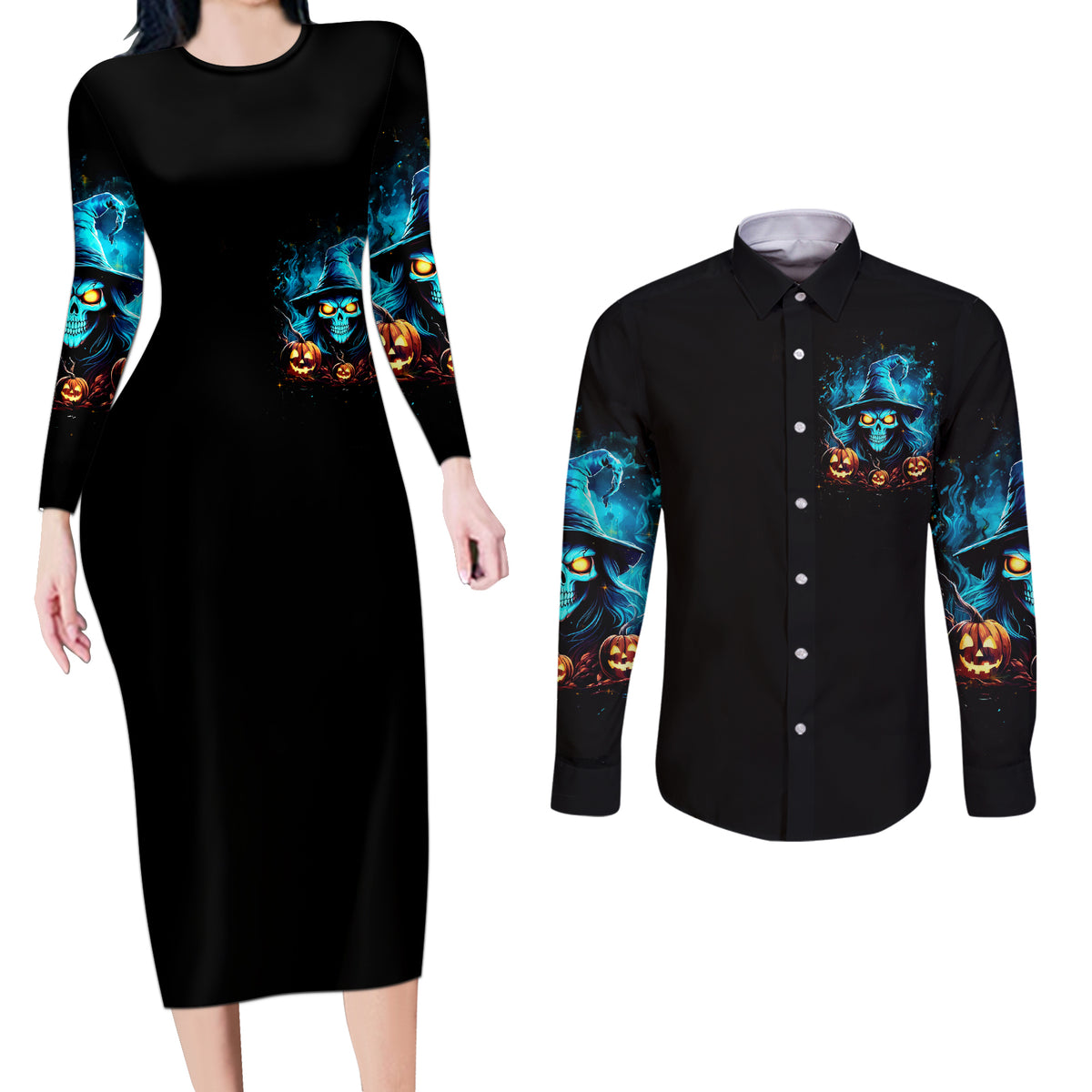 Witch Skull Halloween Couples Matching Long Sleeve Bodycon Dress and Long Sleeve Button Shirt I Didn't Becom A Witch - Wonder Print Shop
