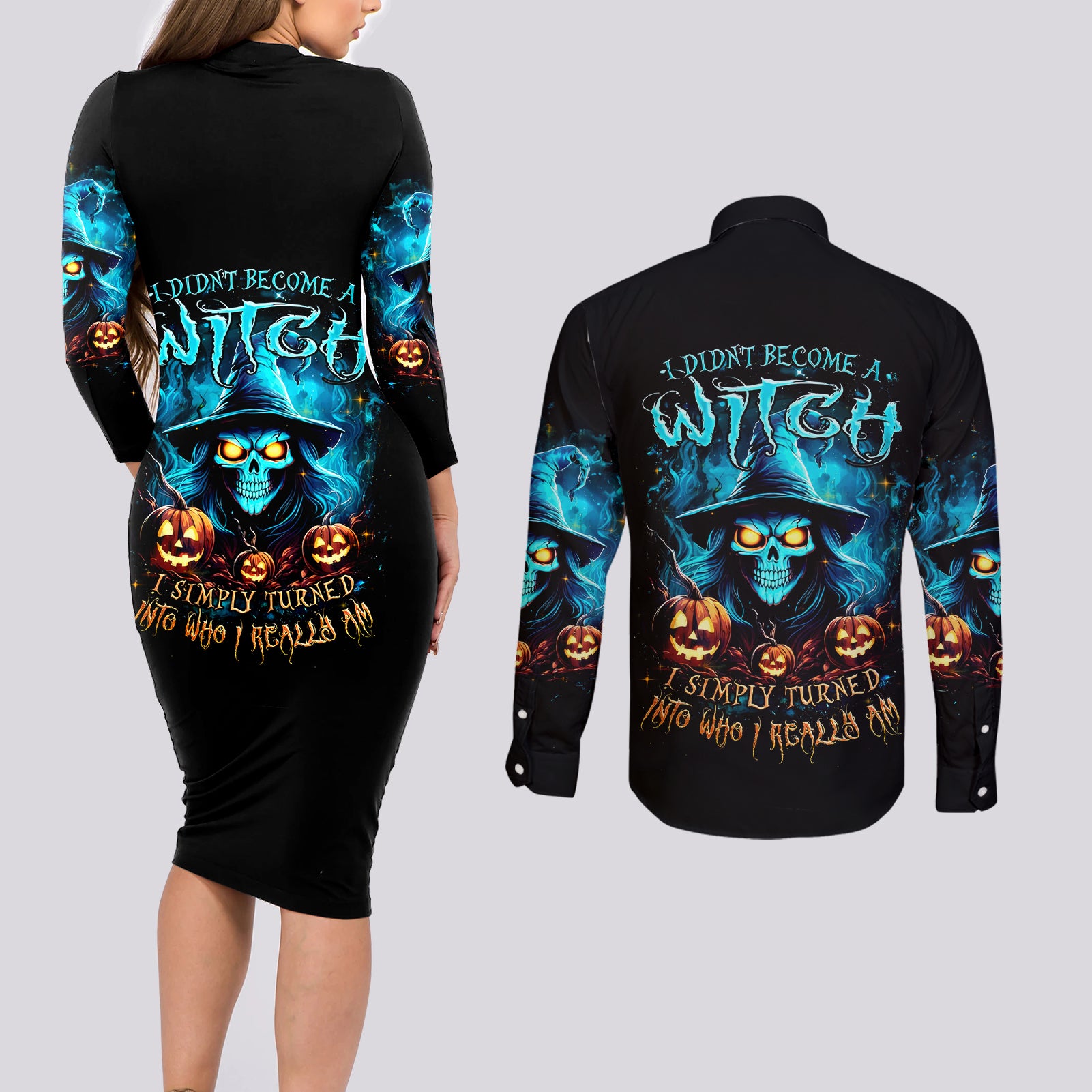 Witch Skull Halloween Couples Matching Long Sleeve Bodycon Dress and Long Sleeve Button Shirt I Didn't Becom A Witch - Wonder Print Shop