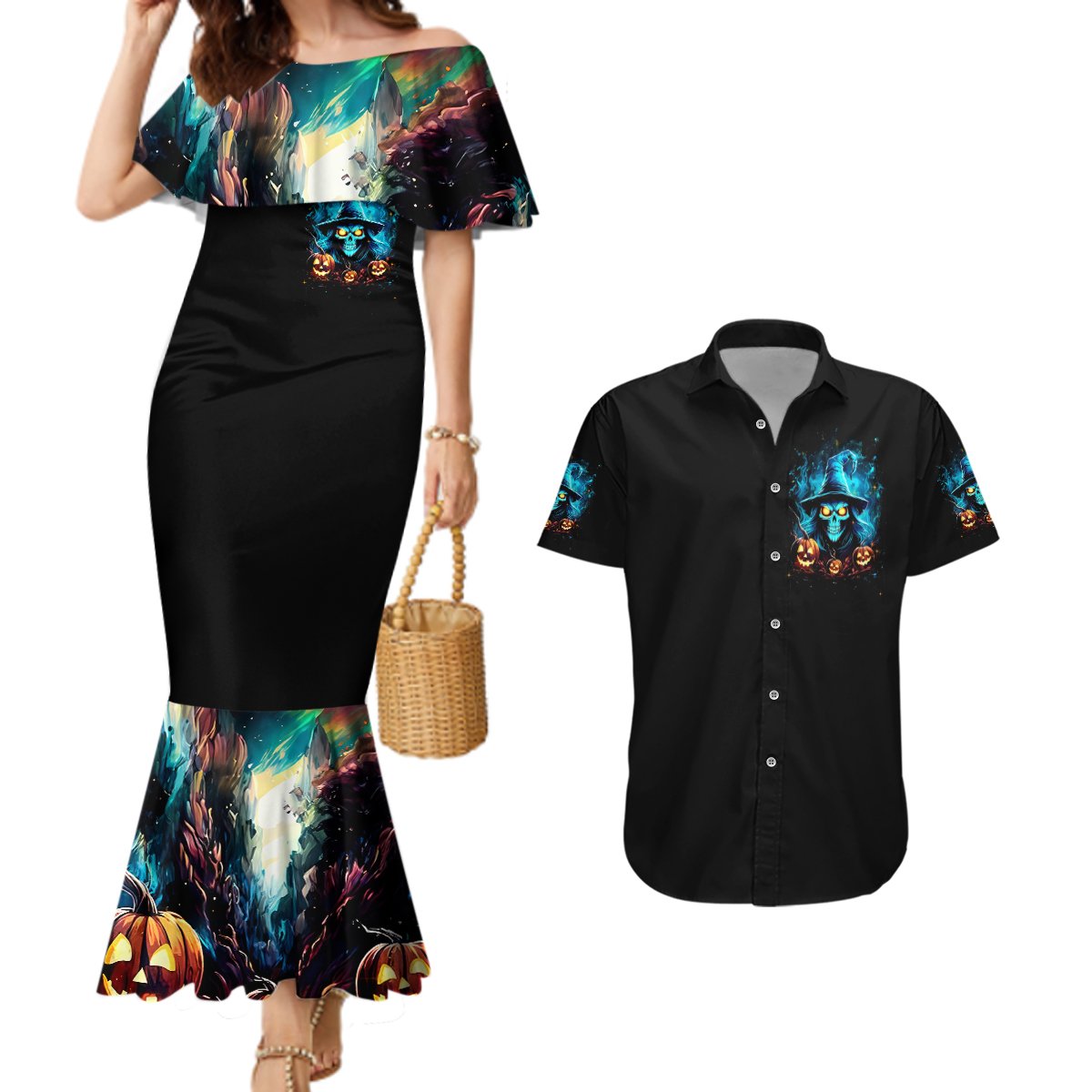 Witch Skull Halloween Couples Matching Mermaid Dress and Hawaiian Shirt I Didn't Becom A Witch - Wonder Print Shop
