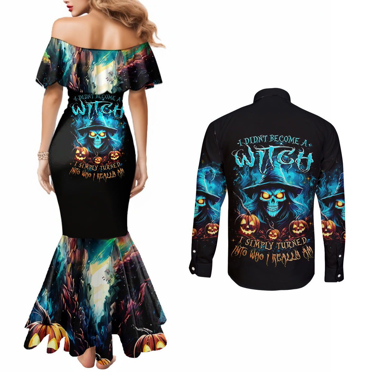 Witch Skull Halloween Couples Matching Mermaid Dress and Long Sleeve Button Shirt I Didn't Becom A Witch DT01