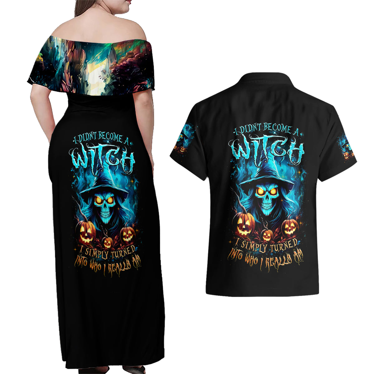 Witch Skull Halloween Couples Matching Off Shoulder Maxi Dress and Hawaiian Shirt I Didn't Becom A Witch - Wonder Print Shop
