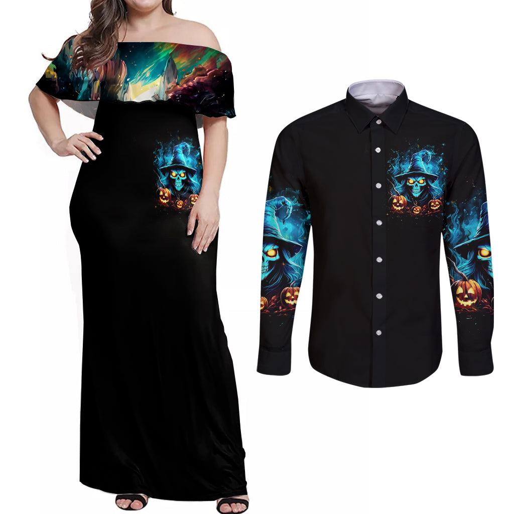 Witch Skull Halloween Couples Matching Off Shoulder Maxi Dress and Long Sleeve Button Shirt I Didn't Becom A Witch - Wonder Print Shop