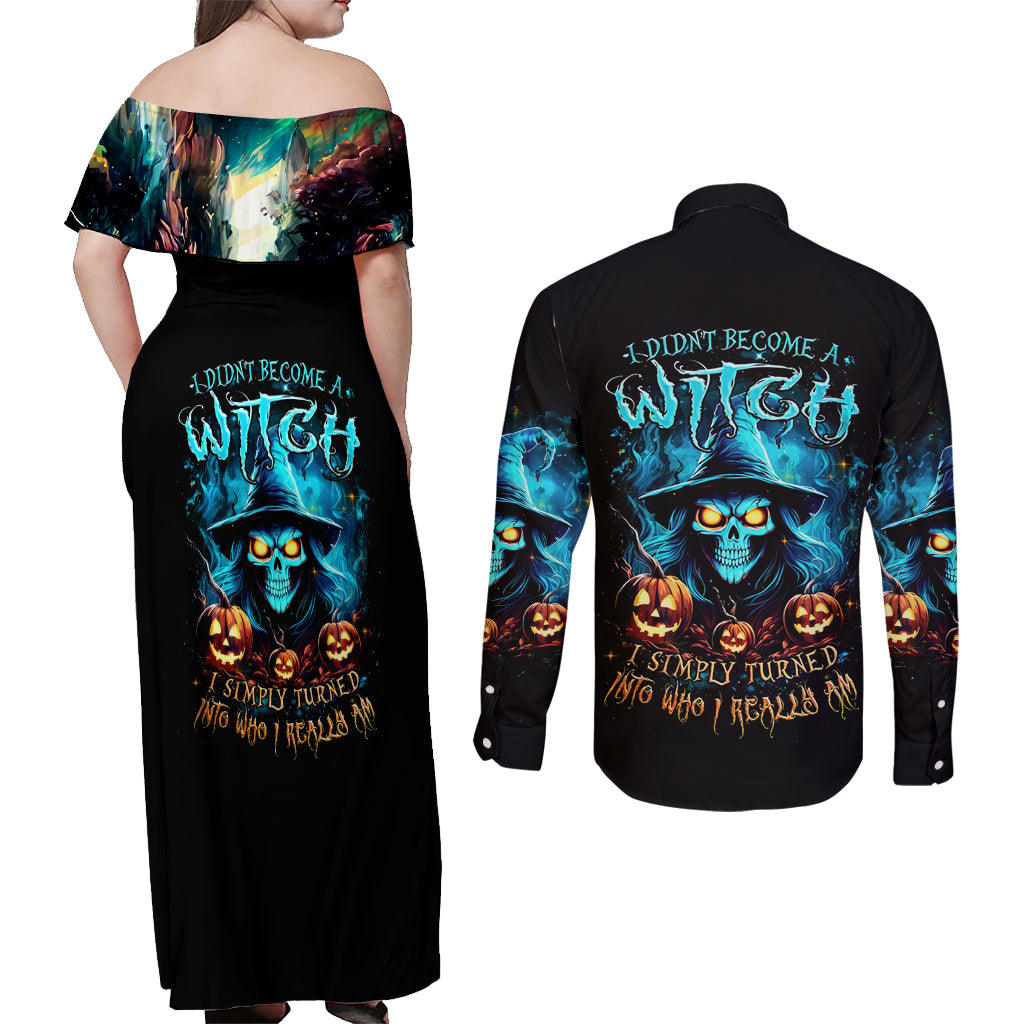 Witch Skull Halloween Couples Matching Off Shoulder Maxi Dress and Long Sleeve Button Shirt I Didn't Becom A Witch - Wonder Print Shop