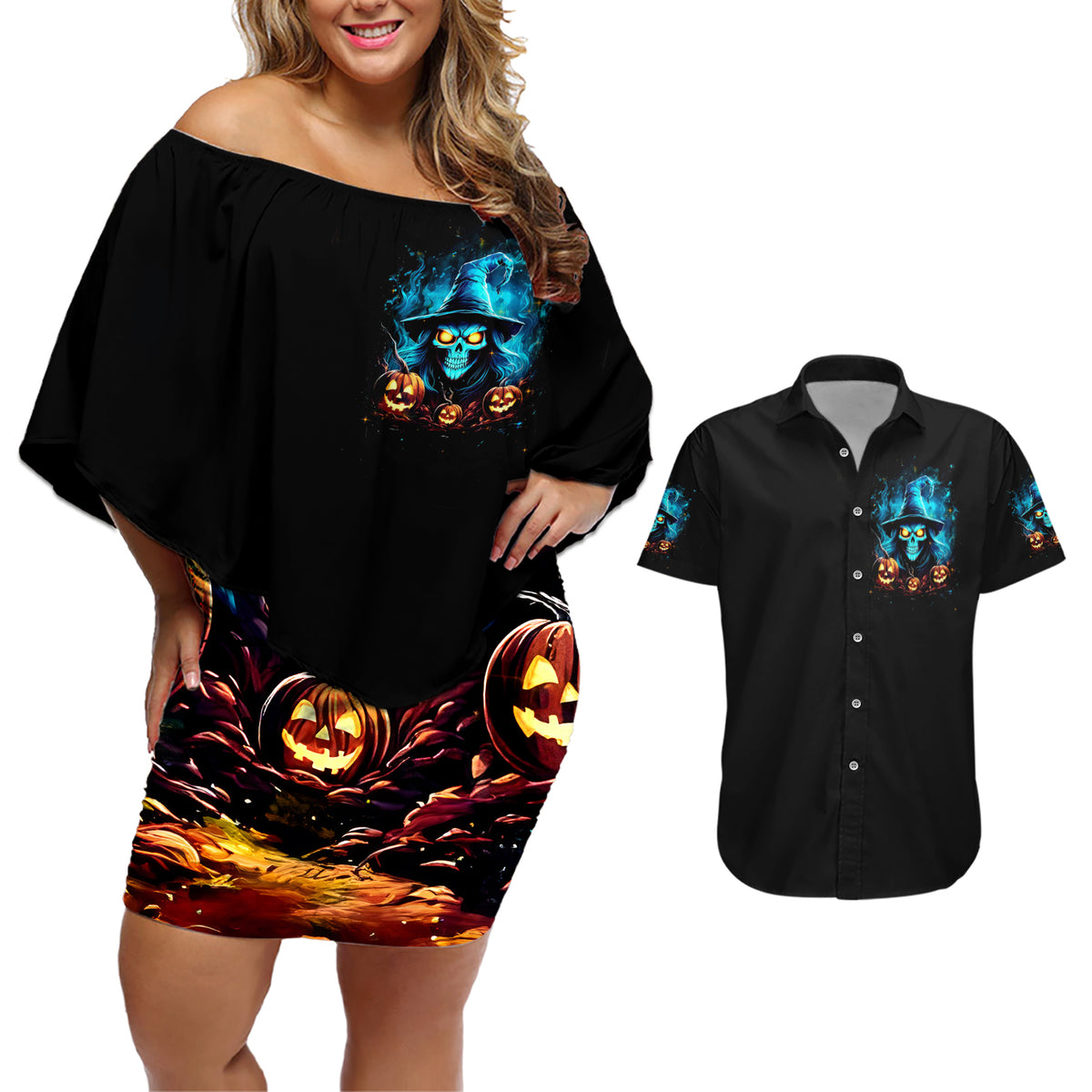 Witch Skull Halloween Couples Matching Off Shoulder Short Dress and Hawaiian Shirt I Didn't Becom A Witch - Wonder Print Shop