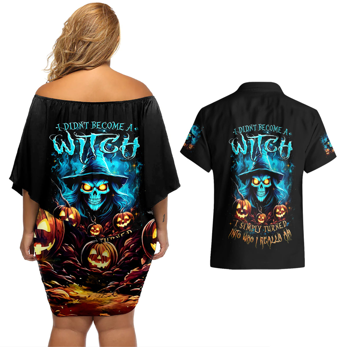 Witch Skull Halloween Couples Matching Off Shoulder Short Dress and Hawaiian Shirt I Didn't Becom A Witch - Wonder Print Shop