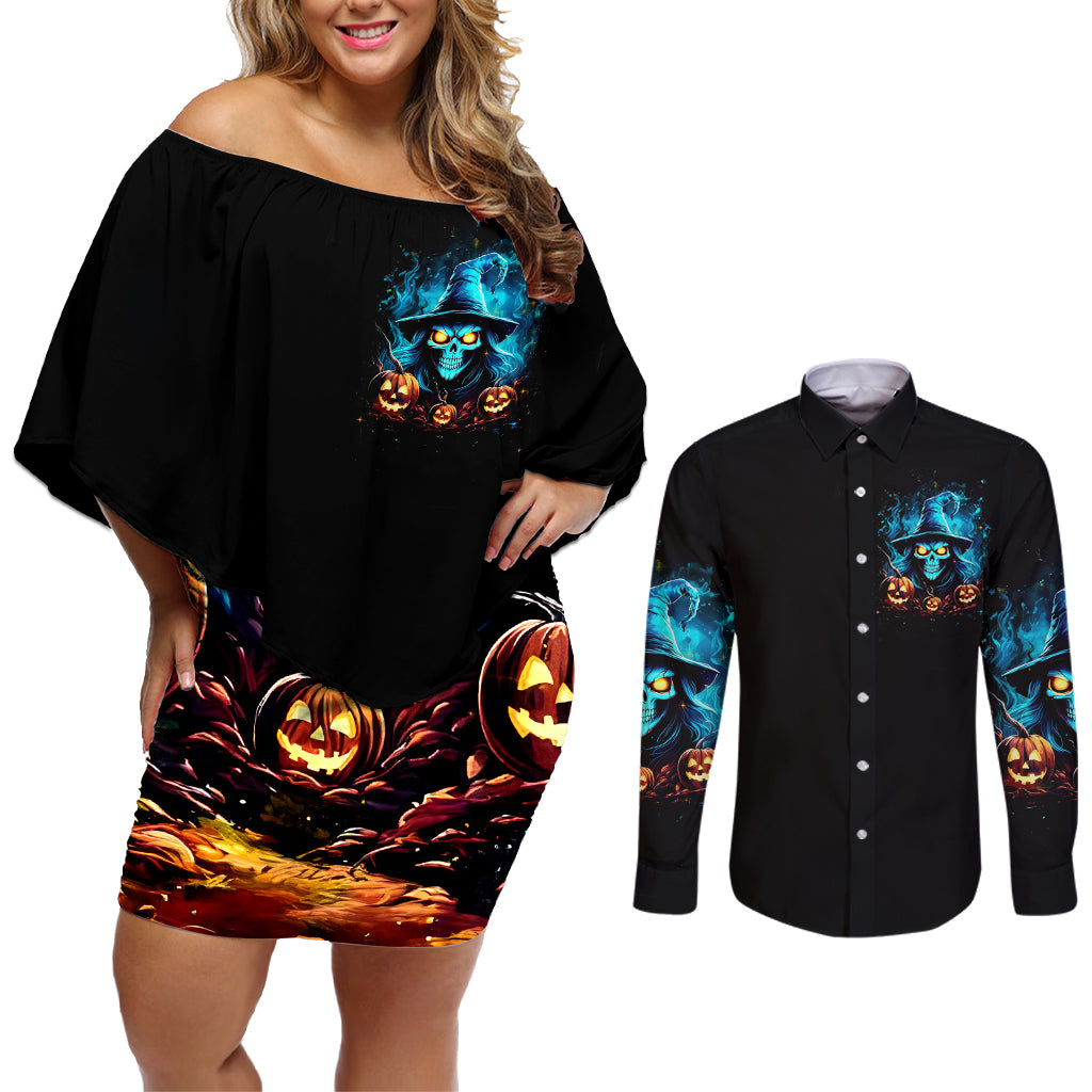 Witch Skull Halloween Couples Matching Off Shoulder Short Dress and Long Sleeve Button Shirt I Didn't Becom A Witch - Wonder Print Shop