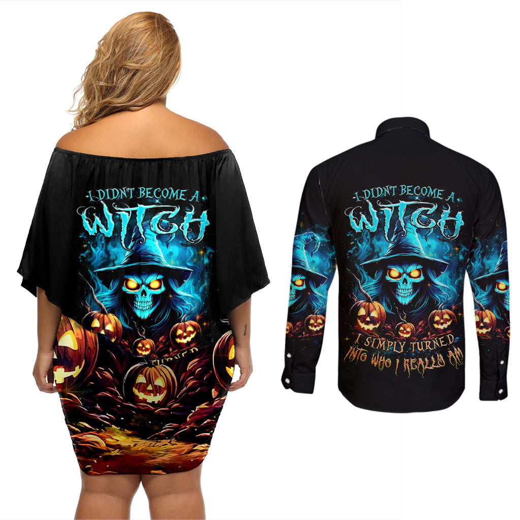 Witch Skull Halloween Couples Matching Off Shoulder Short Dress and Long Sleeve Button Shirt I Didn't Becom A Witch - Wonder Print Shop