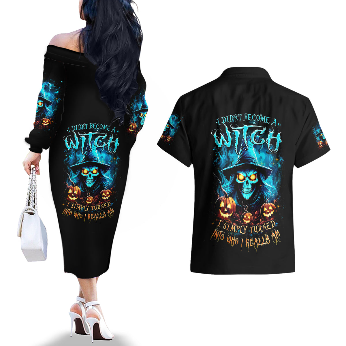 Witch Skull Halloween Couples Matching Off The Shoulder Long Sleeve Dress and Hawaiian Shirt I Didn't Becom A Witch - Wonder Print Shop