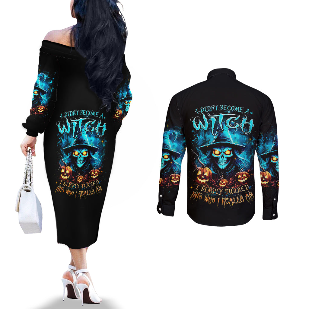 Witch Skull Halloween Couples Matching Off The Shoulder Long Sleeve Dress and Long Sleeve Button Shirt I Didn't Becom A Witch DT01