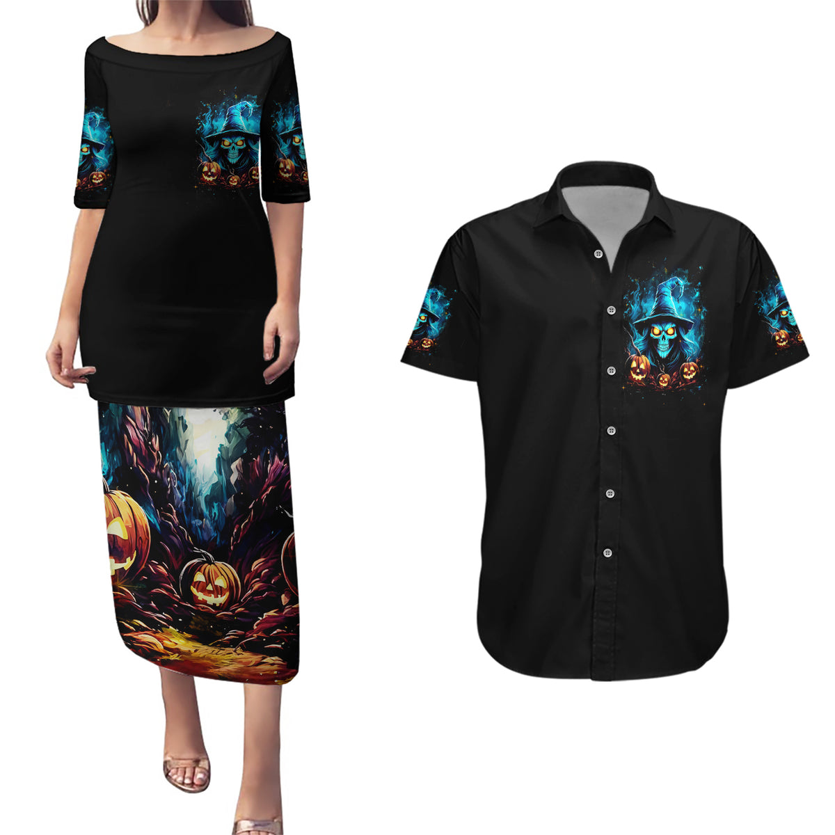 Witch Skull Halloween Couples Matching Puletasi Dress and Hawaiian Shirt I Didn't Becom A Witch - Wonder Print Shop