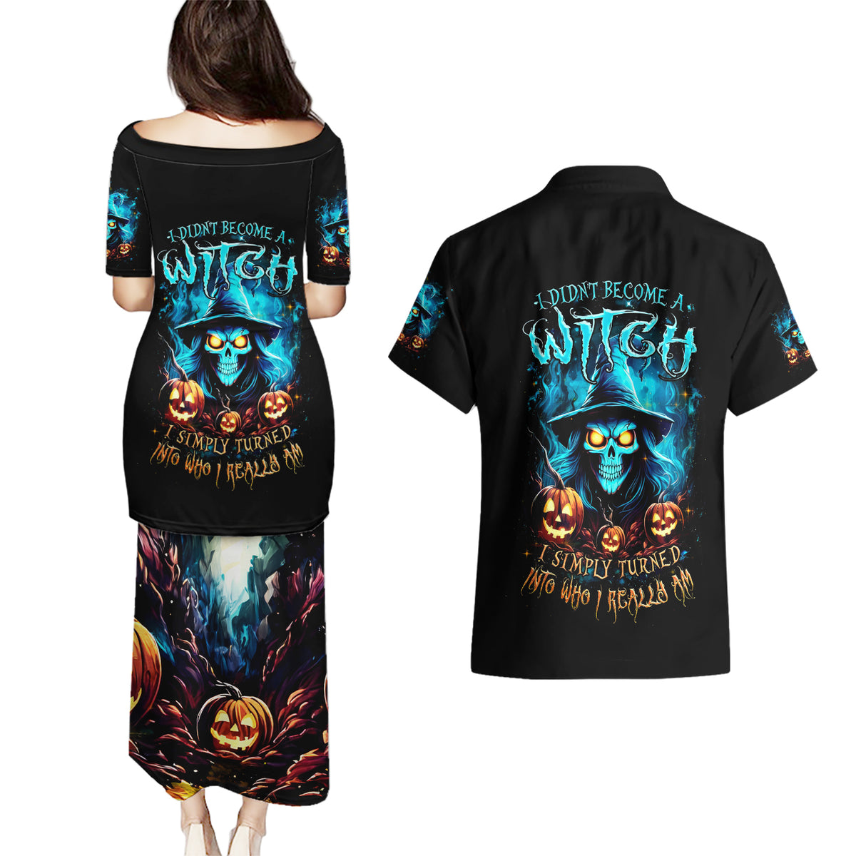 Witch Skull Halloween Couples Matching Puletasi Dress and Hawaiian Shirt I Didn't Becom A Witch - Wonder Print Shop