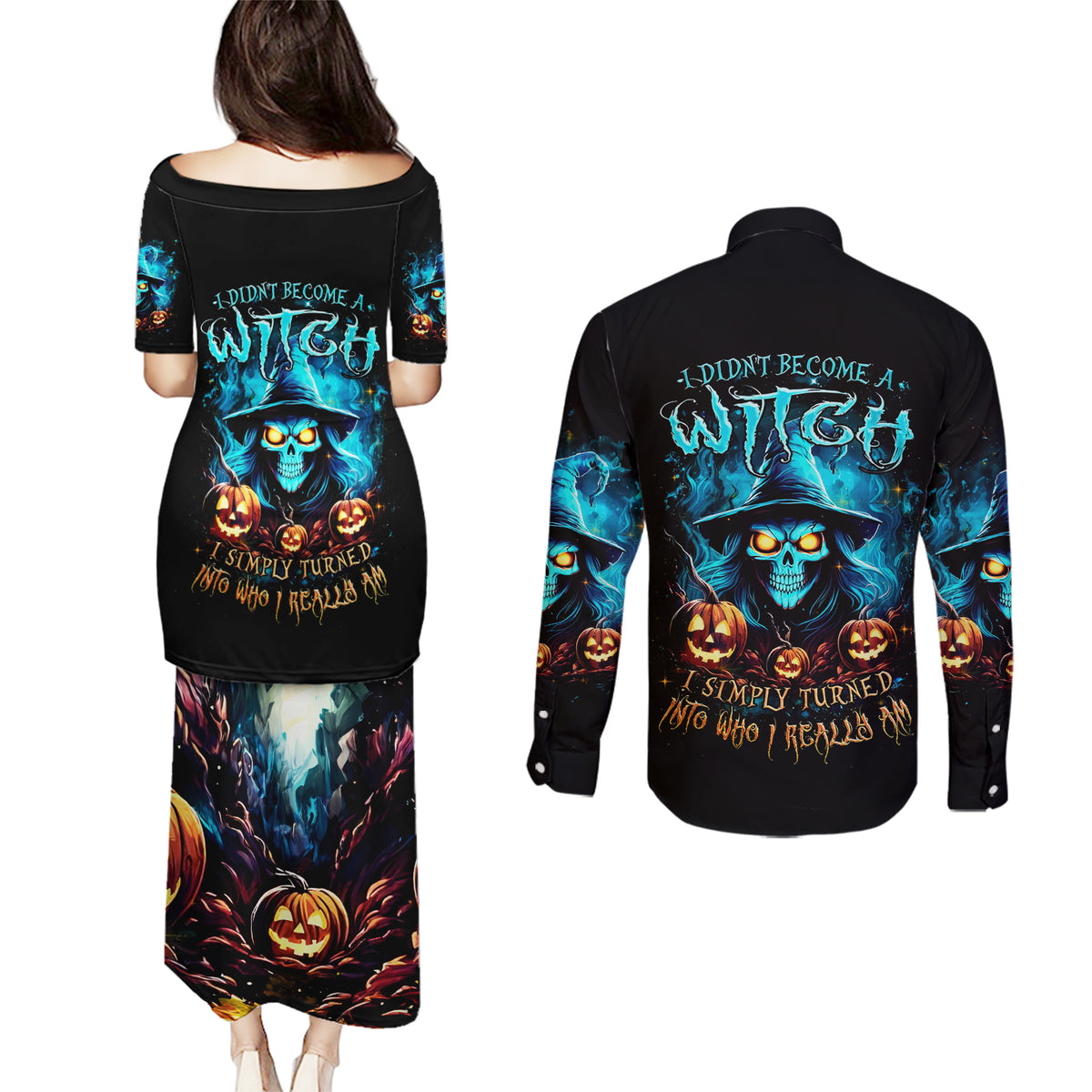Witch Skull Halloween Couples Matching Puletasi Dress and Long Sleeve Button Shirt I Didn't Becom A Witch - Wonder Print Shop