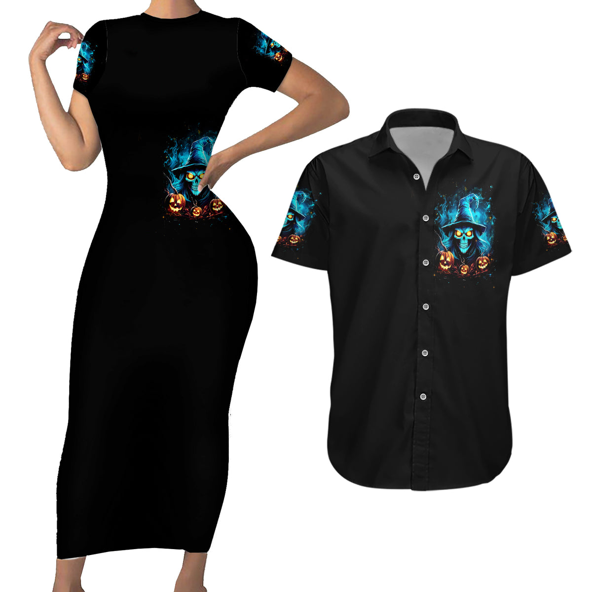 Witch Skull Halloween Couples Matching Short Sleeve Bodycon Dress and Hawaiian Shirt I Didn't Becom A Witch - Wonder Print Shop