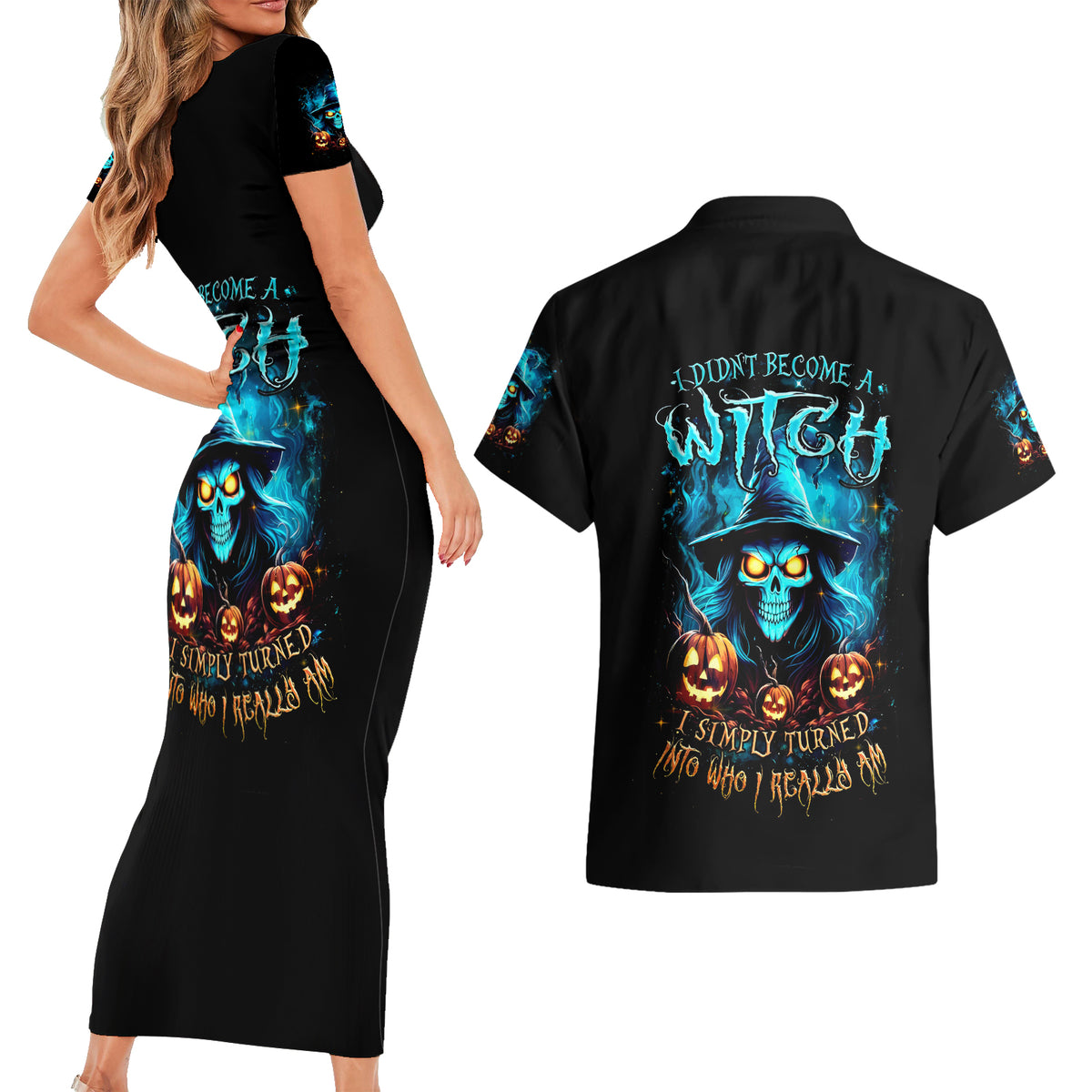 Witch Skull Halloween Couples Matching Short Sleeve Bodycon Dress and Hawaiian Shirt I Didn't Becom A Witch - Wonder Print Shop