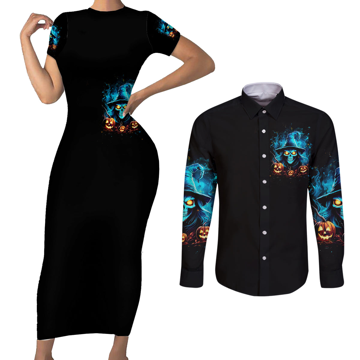 Witch Skull Halloween Couples Matching Short Sleeve Bodycon Dress and Long Sleeve Button Shirt I Didn't Becom A Witch - Wonder Print Shop