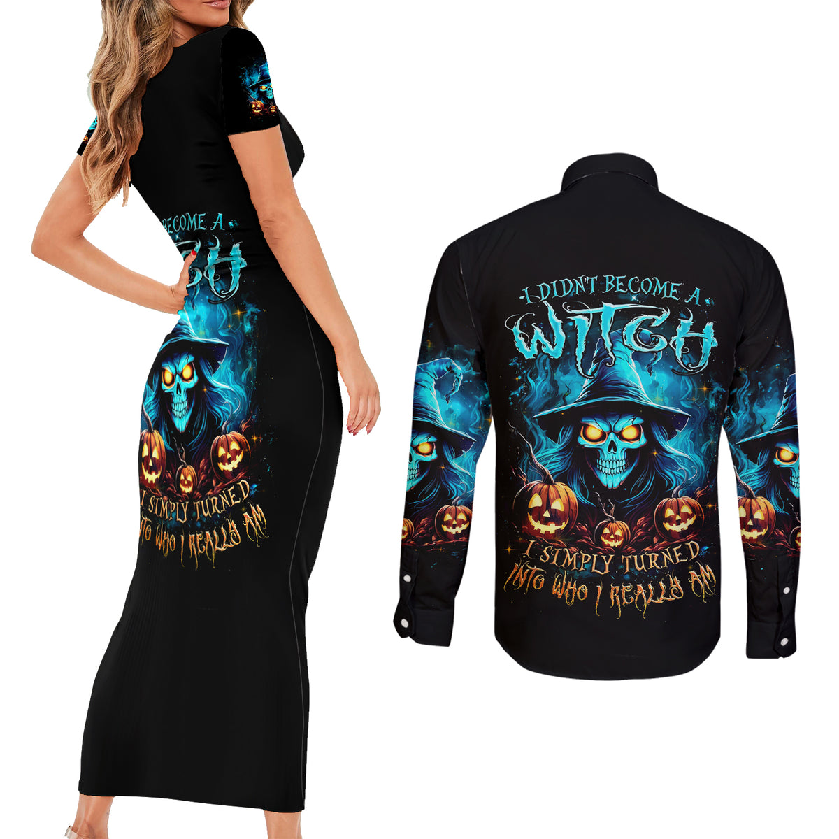 Witch Skull Halloween Couples Matching Short Sleeve Bodycon Dress and Long Sleeve Button Shirt I Didn't Becom A Witch - Wonder Print Shop