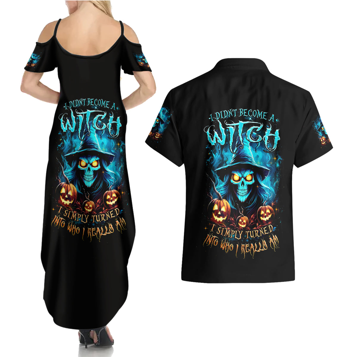 Witch Skull Halloween Couples Matching Summer Maxi Dress and Hawaiian Shirt I Didn't Becom A Witch - Wonder Print Shop