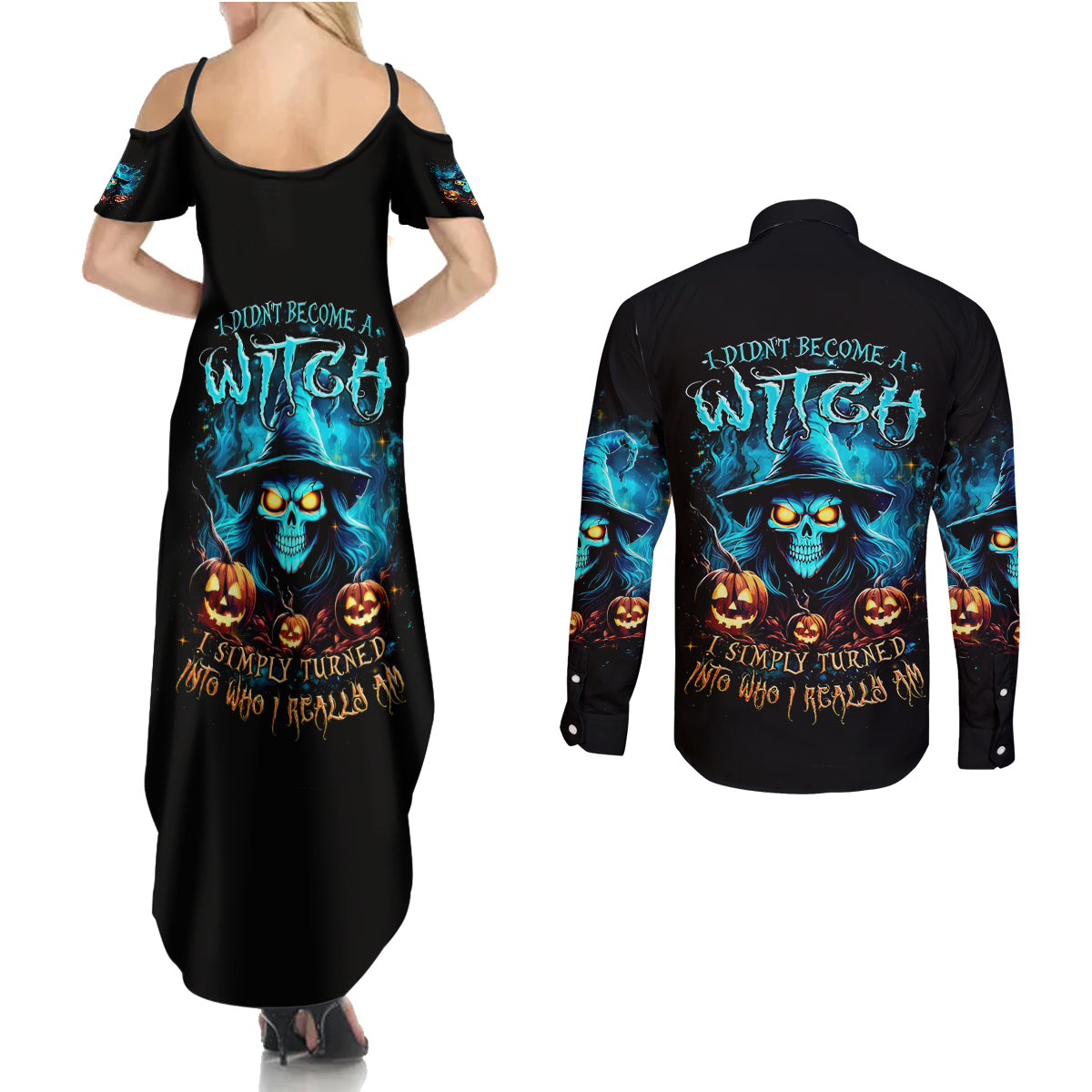 Witch Skull Halloween Couples Matching Summer Maxi Dress and Long Sleeve Button Shirt I Didn't Becom A Witch - Wonder Print Shop