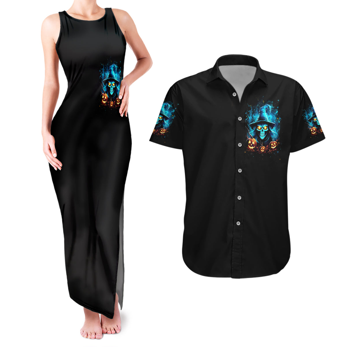 Witch Skull Halloween Couples Matching Tank Maxi Dress and Hawaiian Shirt I Didn't Becom A Witch - Wonder Print Shop