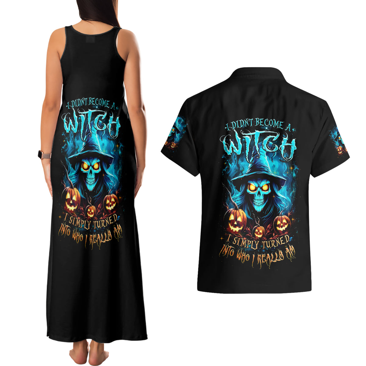 Witch Skull Halloween Couples Matching Tank Maxi Dress and Hawaiian Shirt I Didn't Becom A Witch - Wonder Print Shop
