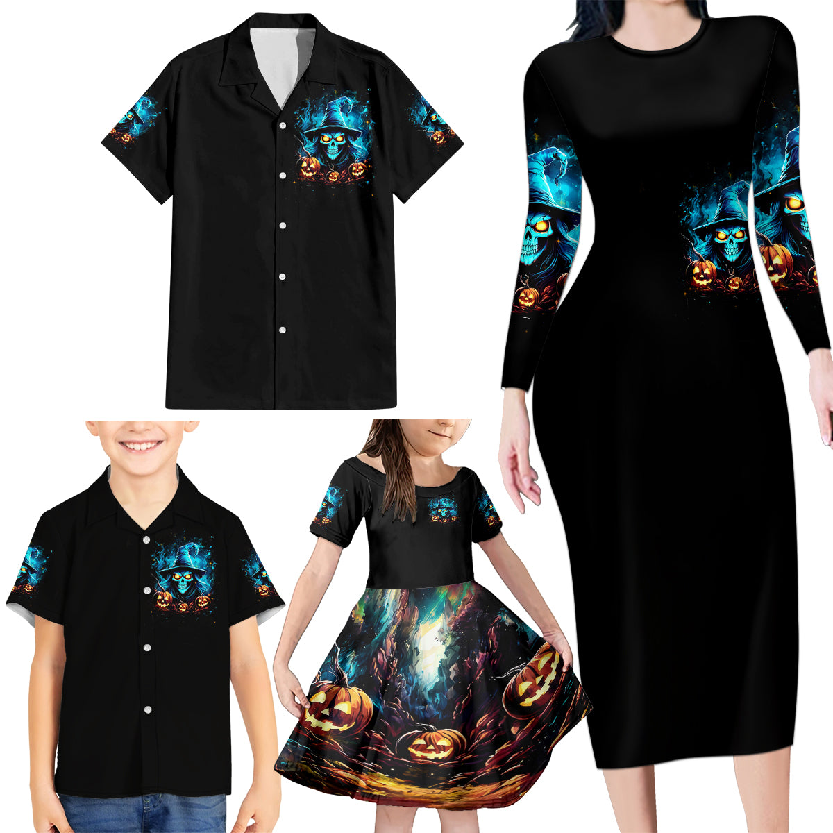 Witch Skull Halloween Family Matching Long Sleeve Bodycon Dress and Hawaiian Shirt I Didn't Becom A Witch - Wonder Print Shop
