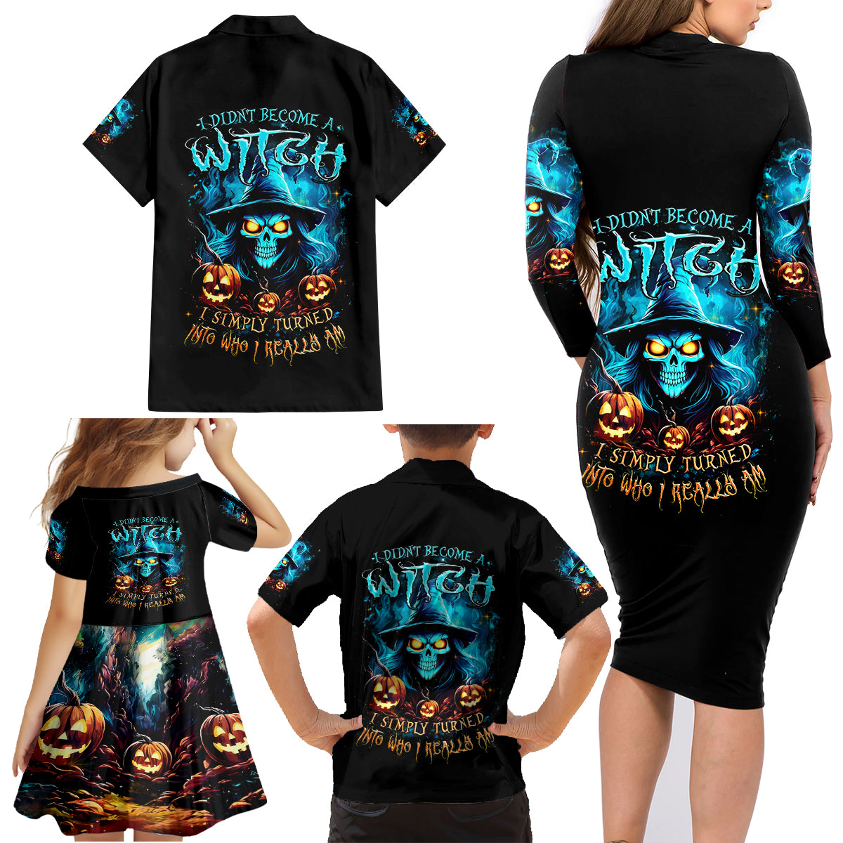 Witch Skull Halloween Family Matching Long Sleeve Bodycon Dress and Hawaiian Shirt I Didn't Becom A Witch - Wonder Print Shop