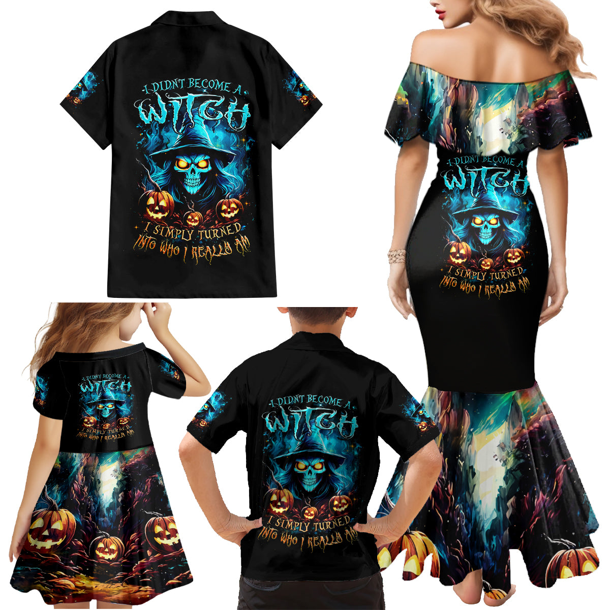 Witch Skull Halloween Family Matching Mermaid Dress and Hawaiian Shirt I Didn't Becom A Witch - Wonder Print Shop