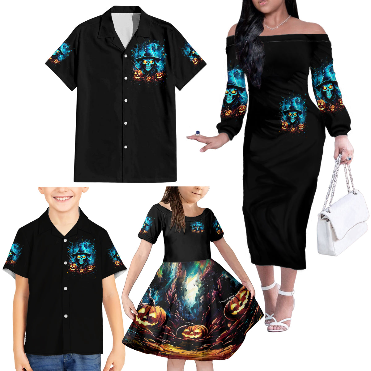 Witch Skull Halloween Family Matching Off Shoulder Long Sleeve Dress and Hawaiian Shirt I Didn't Becom A Witch - Wonder Print Shop
