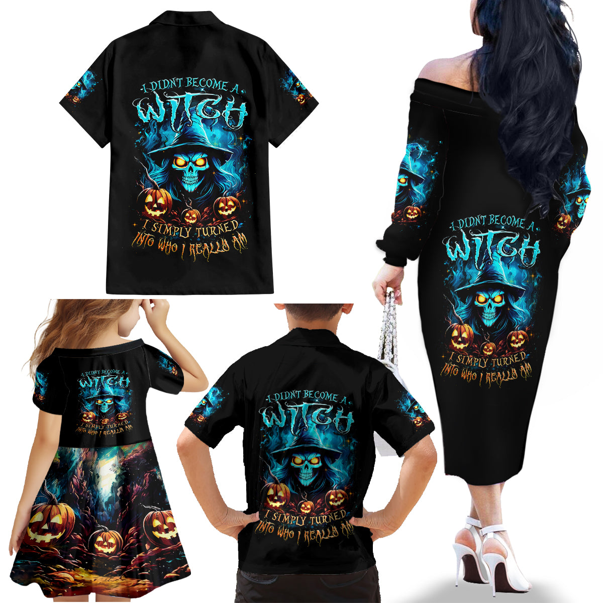 Witch Skull Halloween Family Matching Off Shoulder Long Sleeve Dress and Hawaiian Shirt I Didn't Becom A Witch - Wonder Print Shop