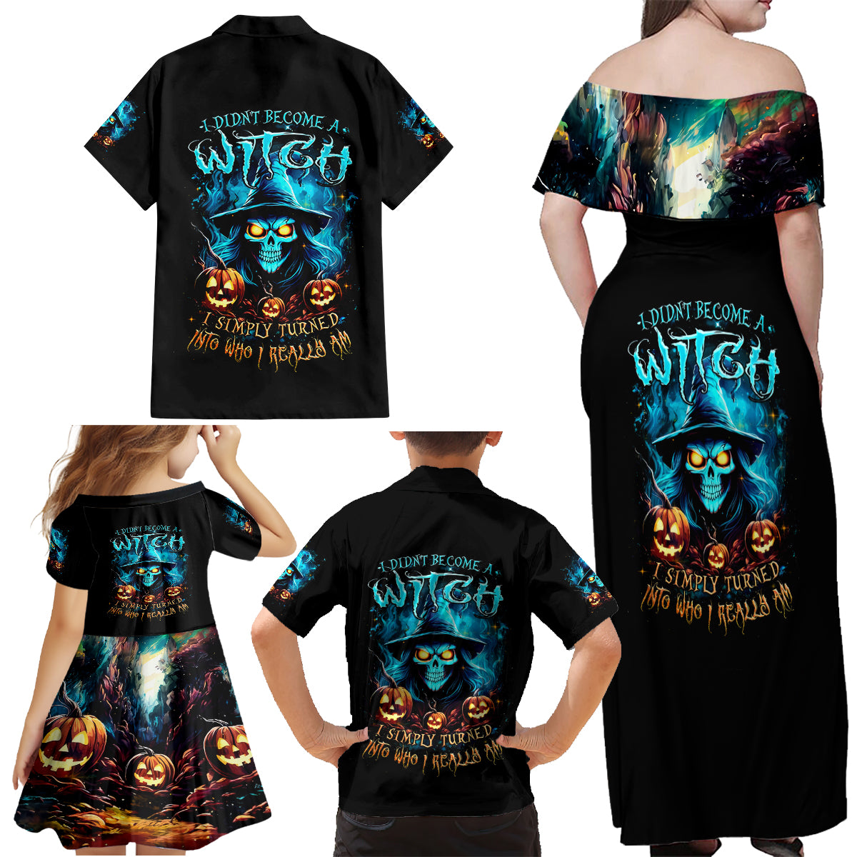 Witch Skull Halloween Family Matching Off Shoulder Maxi Dress and Hawaiian Shirt I Didn't Becom A Witch - Wonder Print Shop