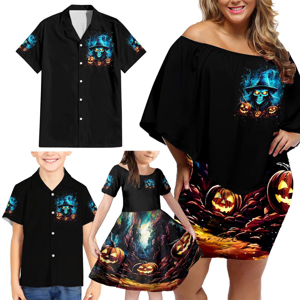 Witch Skull Halloween Family Matching Off Shoulder Short Dress and Hawaiian Shirt I Didn't Becom A Witch - Wonder Print Shop