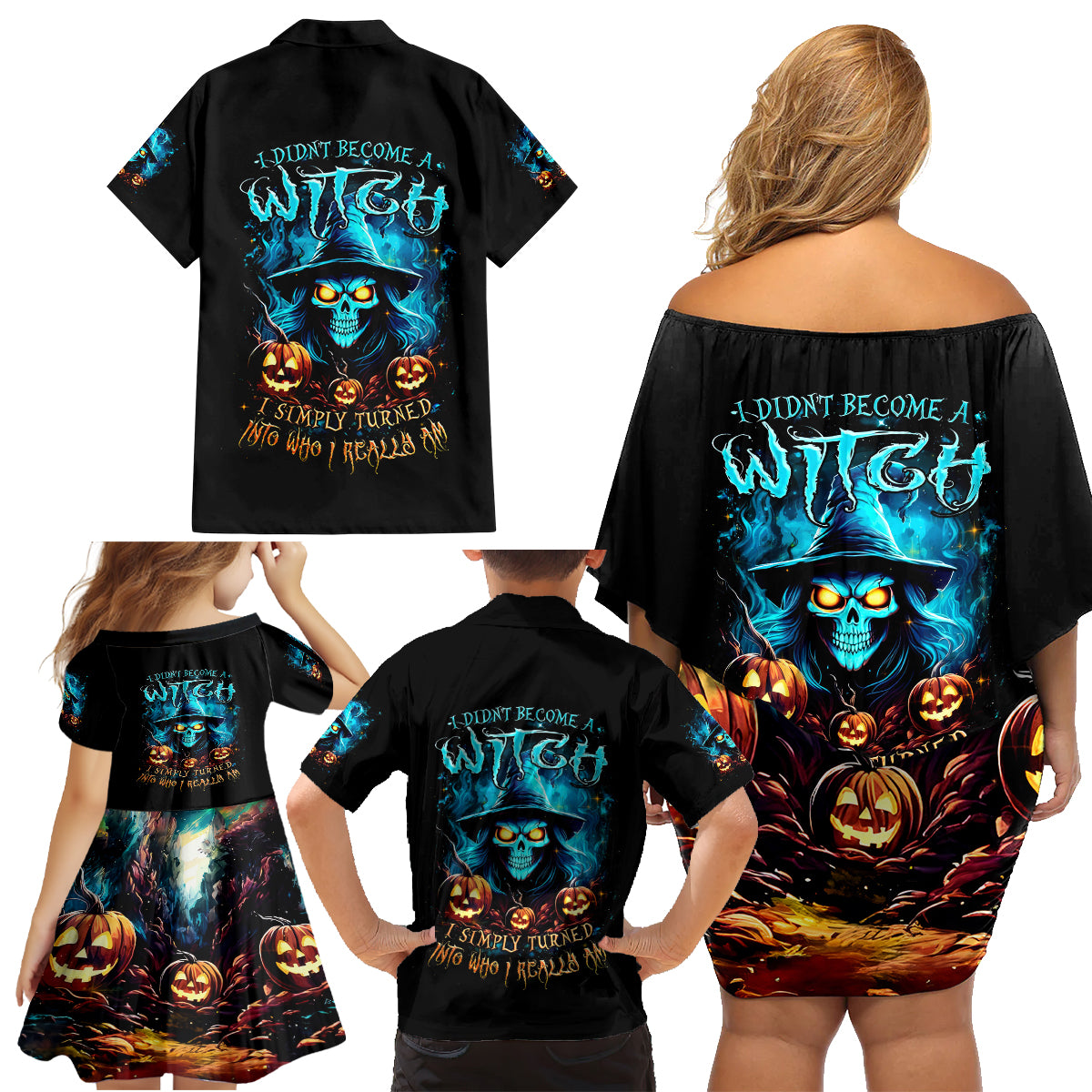 Witch Skull Halloween Family Matching Off Shoulder Short Dress and Hawaiian Shirt I Didn't Becom A Witch - Wonder Print Shop