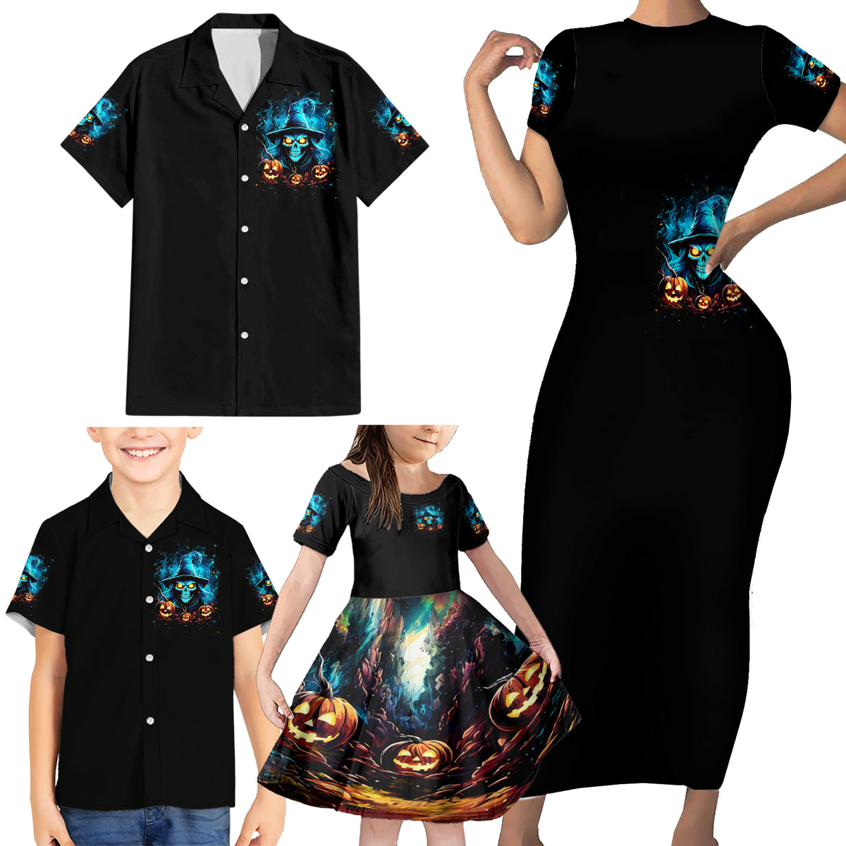 Witch Skull Halloween Family Matching Short Sleeve Bodycon Dress and Hawaiian Shirt I Didn't Becom A Witch - Wonder Print Shop