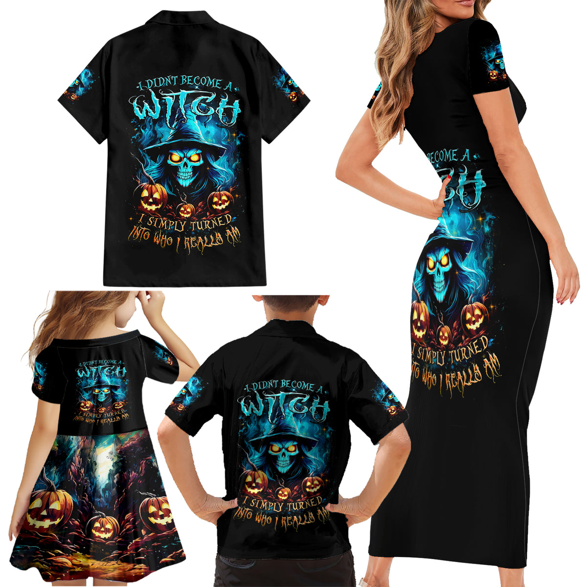 Witch Skull Halloween Family Matching Short Sleeve Bodycon Dress and Hawaiian Shirt I Didn't Becom A Witch - Wonder Print Shop