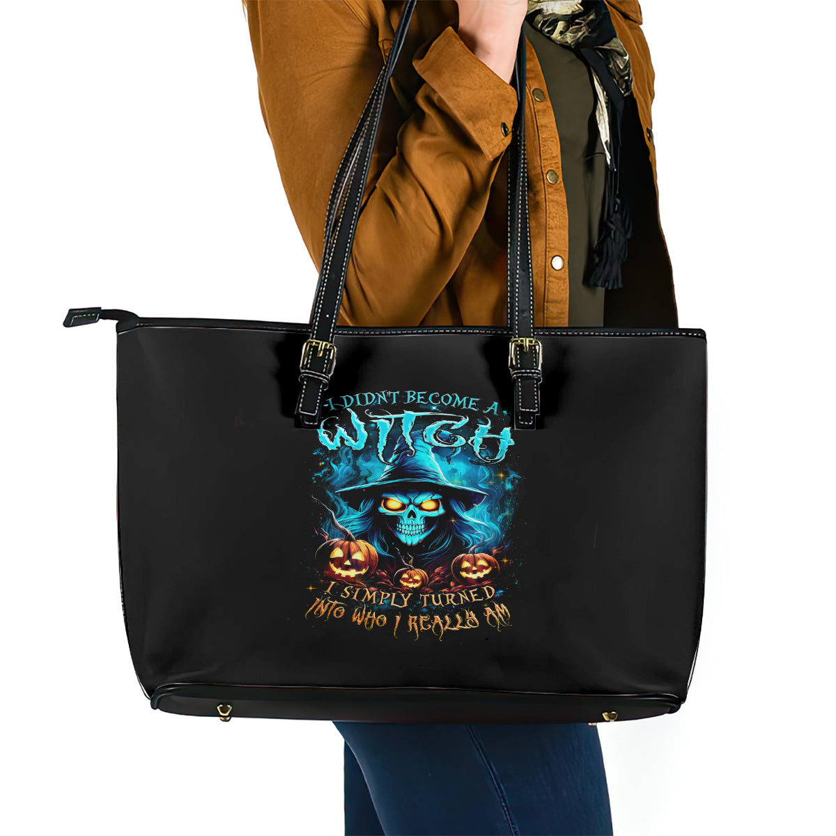 Witch Skull Halloween Leather Tote Bag I Didn't Becom A Witch - Wonder Print Shop