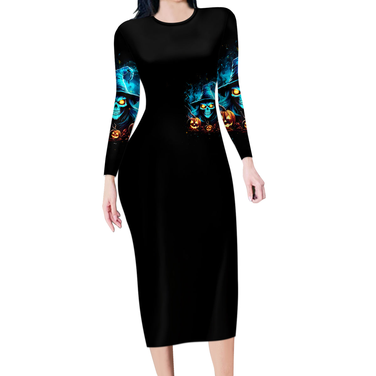 Witch Skull Halloween Long Sleeve Bodycon Dress I Didn't Becom A Witch - Wonder Print Shop