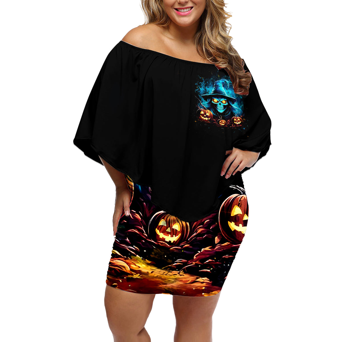 Witch Skull Halloween Off Shoulder Short Dress I Didn't Becom A Witch - Wonder Print Shop