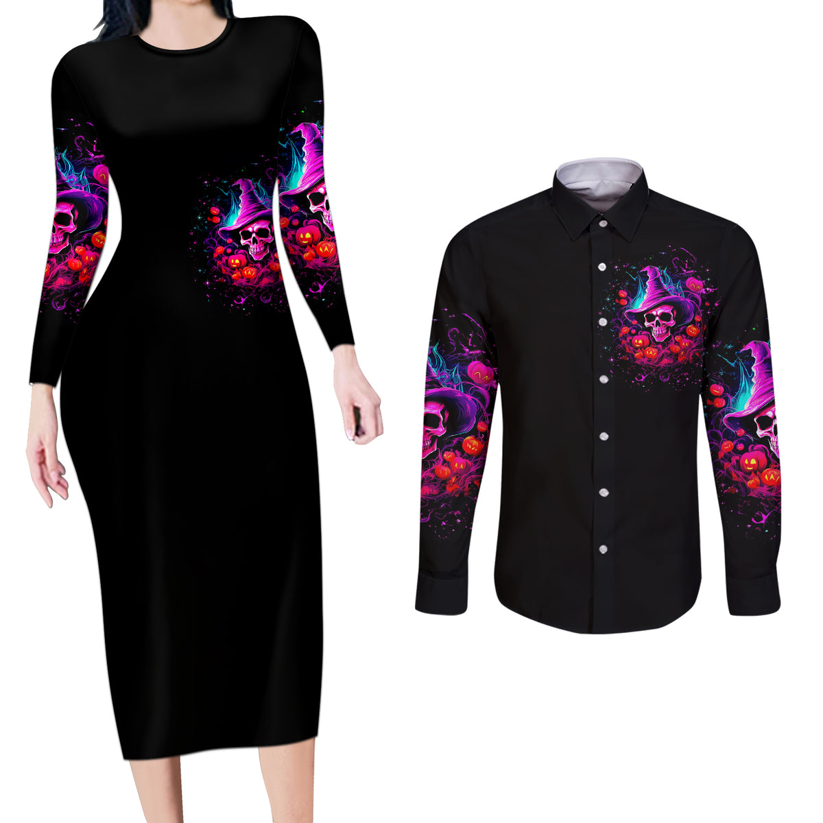 Witch Pumkin Skull Couples Matching Long Sleeve Bodycon Dress and Long Sleeve Button Shirt Don't Try To Figure Me Out I'm A Special - Wonder Print Shop