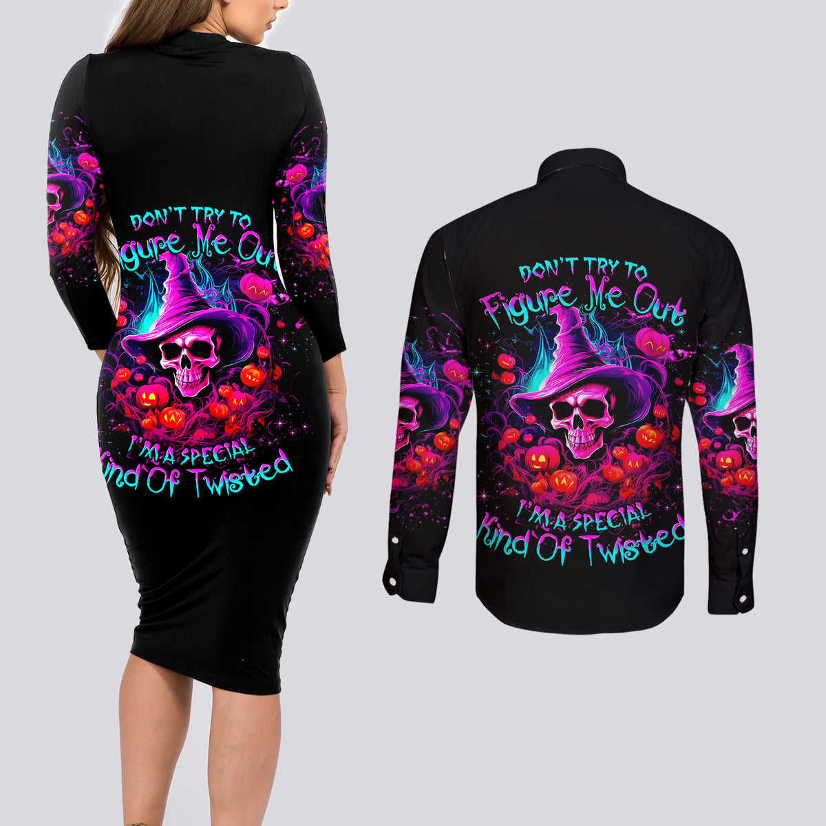 Witch Pumkin Skull Couples Matching Long Sleeve Bodycon Dress and Long Sleeve Button Shirt Don't Try To Figure Me Out I'm A Special - Wonder Print Shop