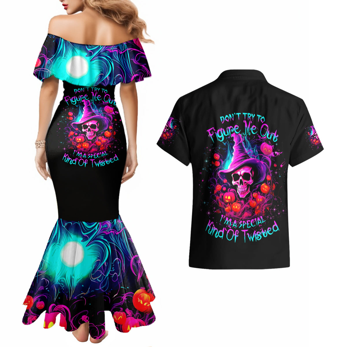 Witch Pumkin Skull Couples Matching Mermaid Dress and Hawaiian Shirt Don't Try To Figure Me Out I'm A Special - Wonder Print Shop