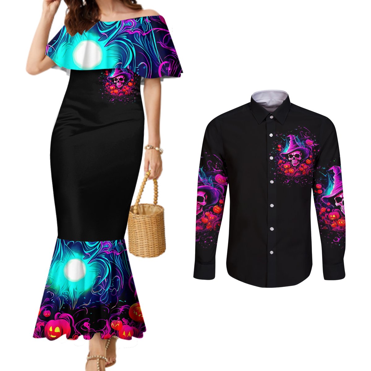 Witch Pumkin Skull Couples Matching Mermaid Dress and Long Sleeve Button Shirt Don't Try To Figure Me Out I'm A Special DT01