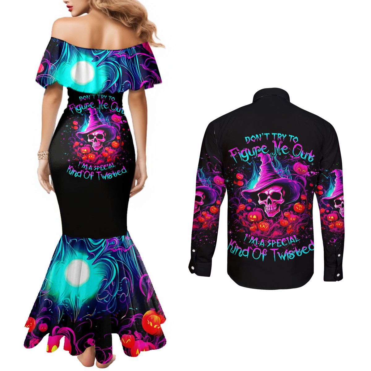 Witch Pumkin Skull Couples Matching Mermaid Dress and Long Sleeve Button Shirt Don't Try To Figure Me Out I'm A Special DT01