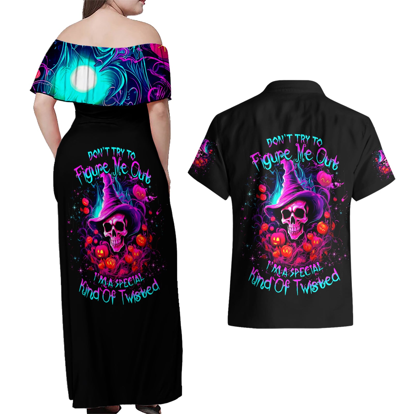 Witch Pumkin Skull Couples Matching Off Shoulder Maxi Dress and Hawaiian Shirt Don't Try To Figure Me Out I'm A Special - Wonder Print Shop