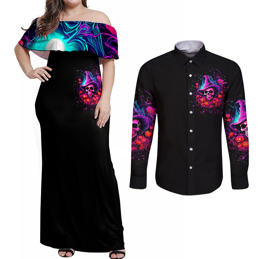Witch Pumkin Skull Couples Matching Off Shoulder Maxi Dress and Long Sleeve Button Shirt Don't Try To Figure Me Out I'm A Special - Wonder Print Shop