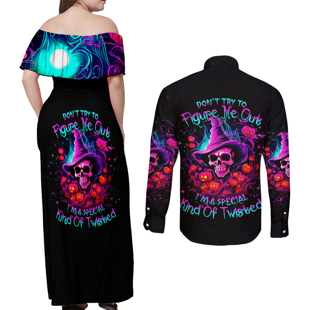 Witch Pumkin Skull Couples Matching Off Shoulder Maxi Dress and Long Sleeve Button Shirt Don't Try To Figure Me Out I'm A Special - Wonder Print Shop