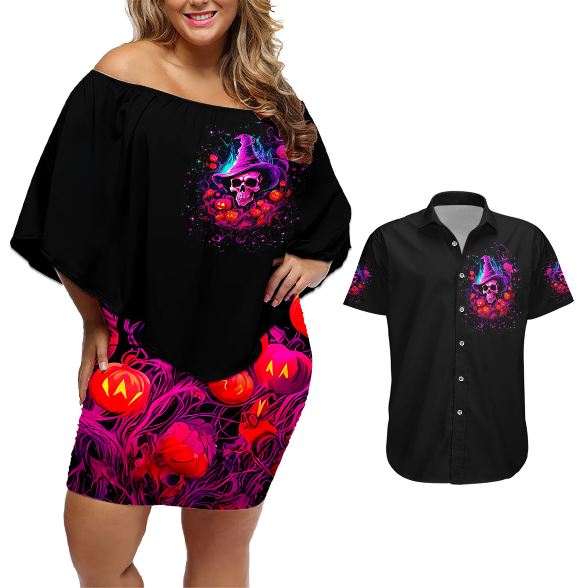 Witch Pumkin Skull Couples Matching Off Shoulder Short Dress and Hawaiian Shirt Don't Try To Figure Me Out I'm A Special - Wonder Print Shop