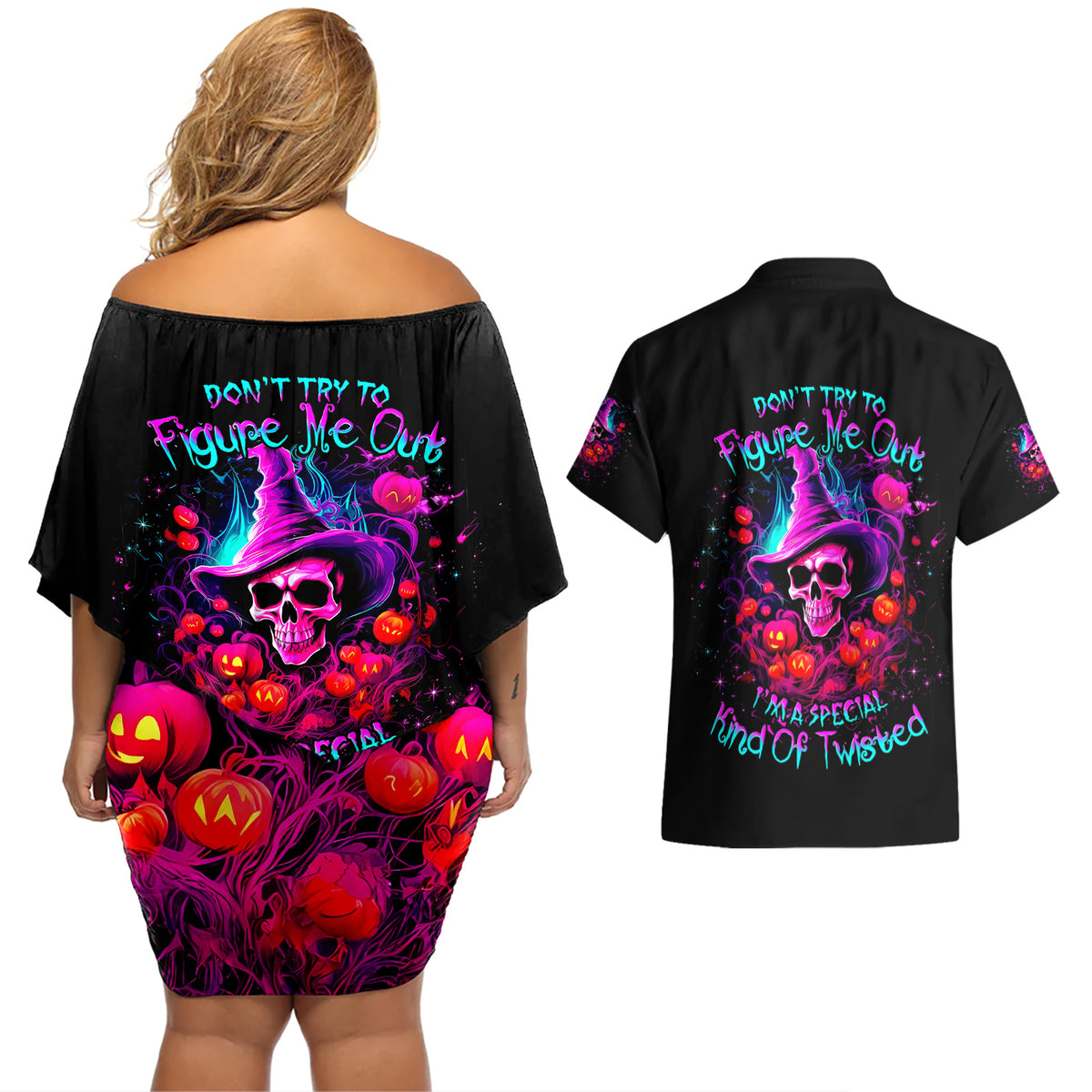 Witch Pumkin Skull Couples Matching Off Shoulder Short Dress and Hawaiian Shirt Don't Try To Figure Me Out I'm A Special - Wonder Print Shop